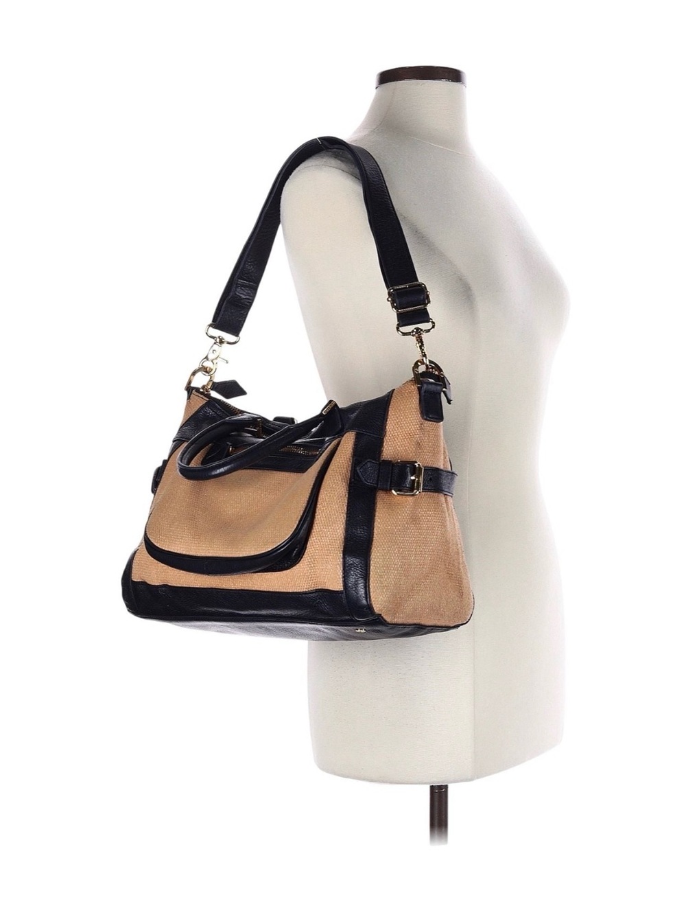 Tory Burch Two-Tone Tan and Black Canvas Shoulder Bag